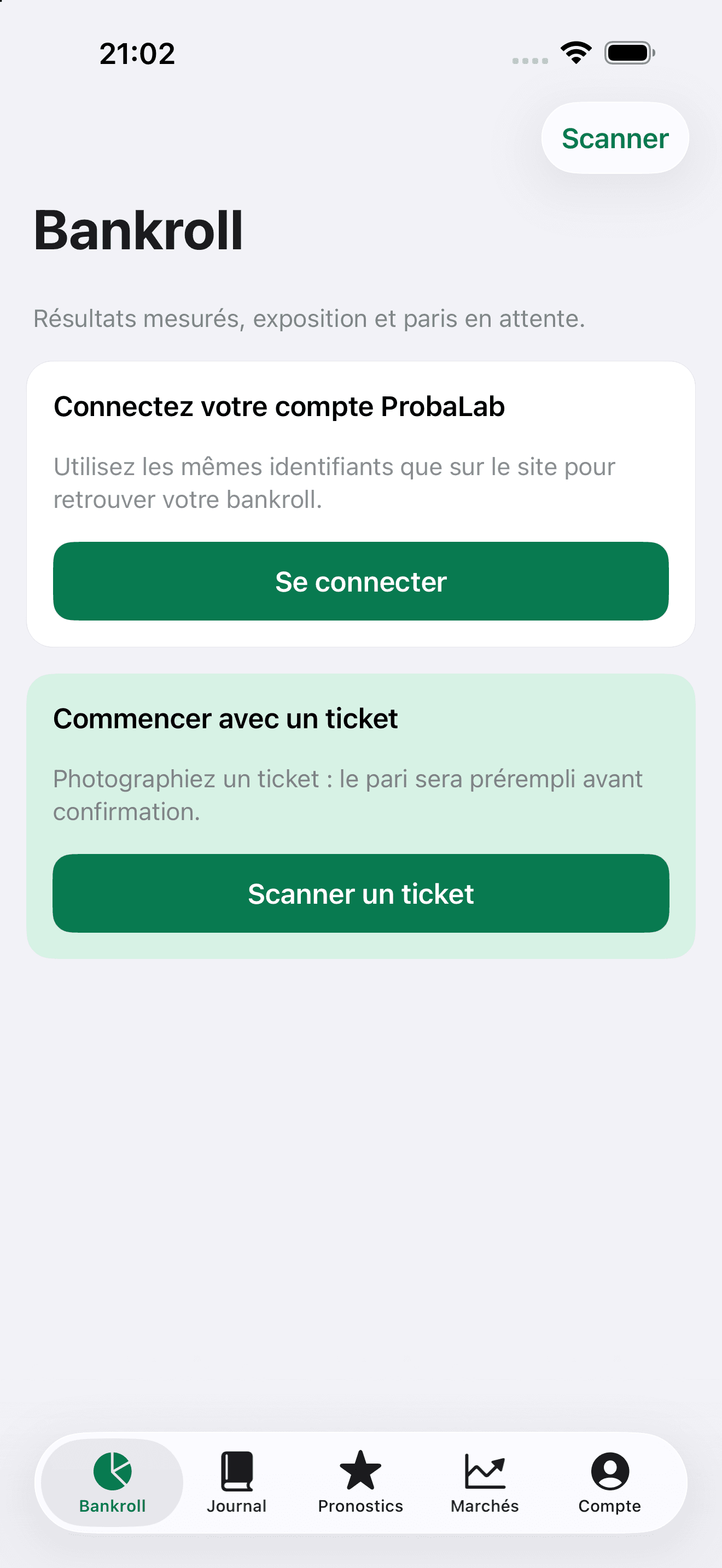 Écran Bankroll de l’application ProbaLab